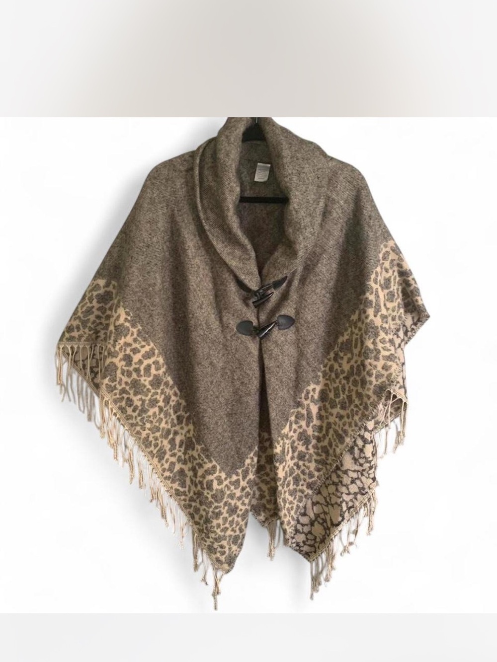 Boho Chic Fringed Women’s Brown Leopard Trim Shawl Poncho with Toggle Closure OS